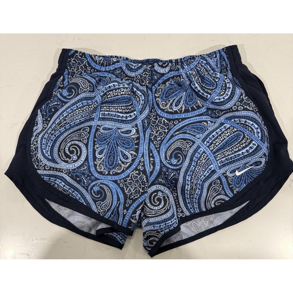 NIKE Womens Size Med Dri-FIT Blue Paisley Print Logo Running Shorts Drawstring